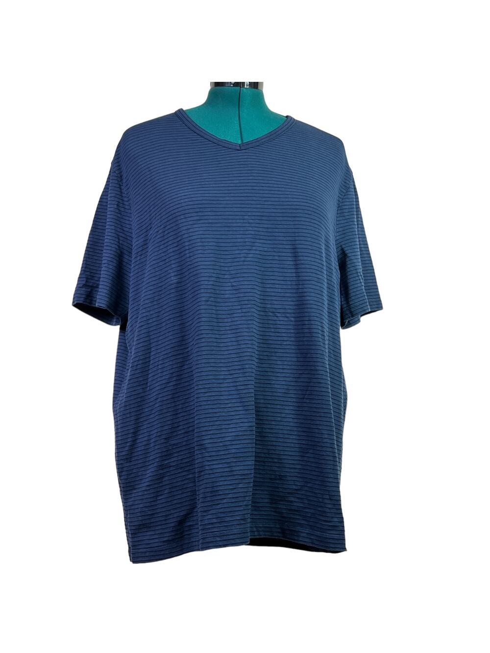 Perry Ellis Short Sleeve V-Neck T-Shirt Blue Stripe Casual Men's XXG 80% Algodon